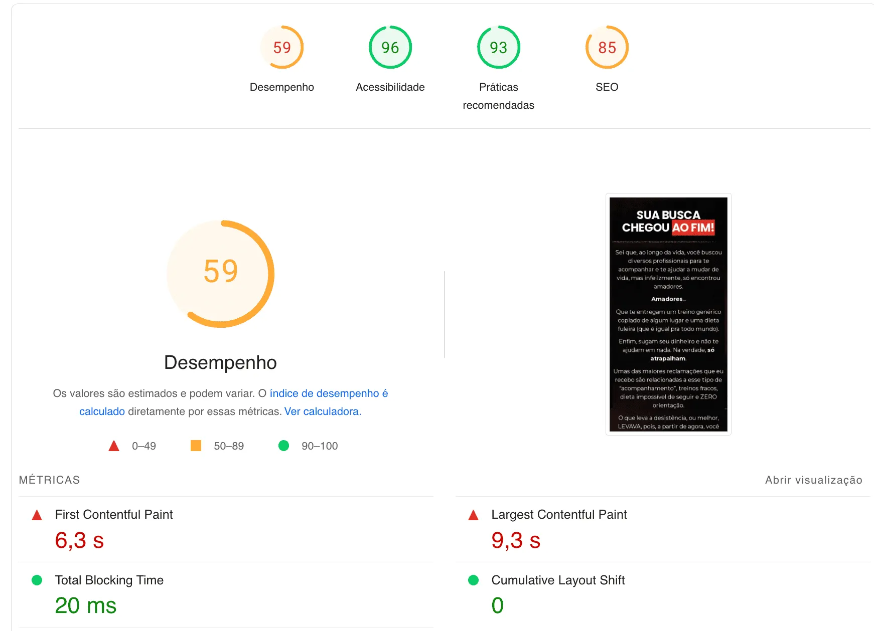 Typical sales page lighthouse scores showing poor performance